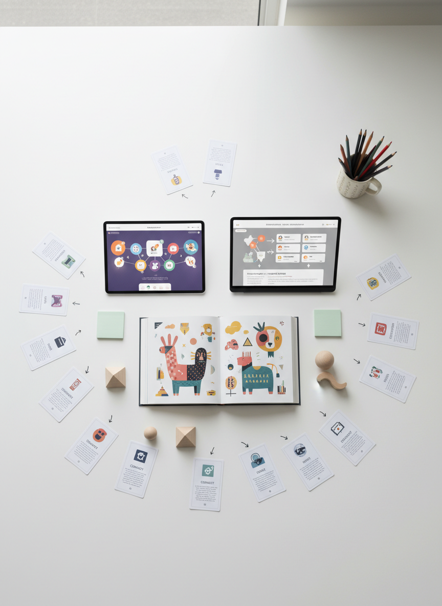A wide, panoramic shot of a minimalist creative workspace table, photographed from above, showcasing the full ecosystem of a creative learning studio. On a matte white tabletop lie an open hardcover book filled with vibrant illustrations, a large tablet with a playful learning app interface, a slim laptop with an abstract project board on screen, and neatly printed resource cards arranged like a mind map. Colored sticky notes, smooth wooden shapes, and a ceramic mug of pencils add tactile detail. Soft, diffused overcast daylight from a nearby window eliminates harsh shadows, creating a calm, focused atmosphere. The photographic composition is carefully balanced, with objects radiating outward from the center, suggesting curiosity, communication, and interconnected learning experiences.
