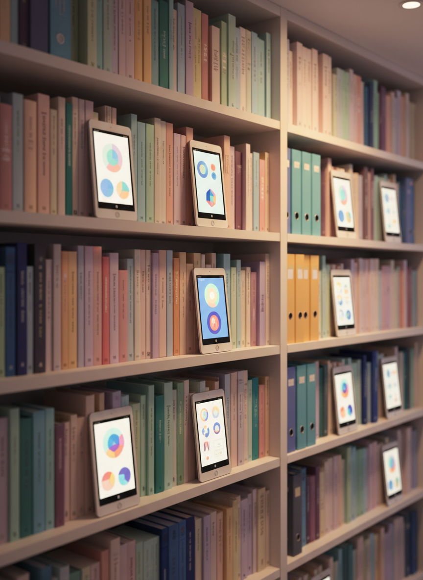 A close-up, eye-level view of a tidy bookshelf wall in a contemporary studio, filled with neatly arranged books in varied pastel and jewel-toned covers, each without visible text. Interspersed between the books are small tablets and e-readers resting upright, their screens glowing softly with abstract icons and colorful geometric shapes representing educational apps. A few slim, color-coded binders suggest printable resources and guides. Warm, indirect studio lighting from above and the right creates a cozy yet professional ambiance, with subtle reflections on the device screens. The composition follows the rule of thirds, keeping the central shelves in sharp focus while the top and bottom blur slightly, reinforcing a photographic, inviting atmosphere of abundant creative learning tools and community resources.