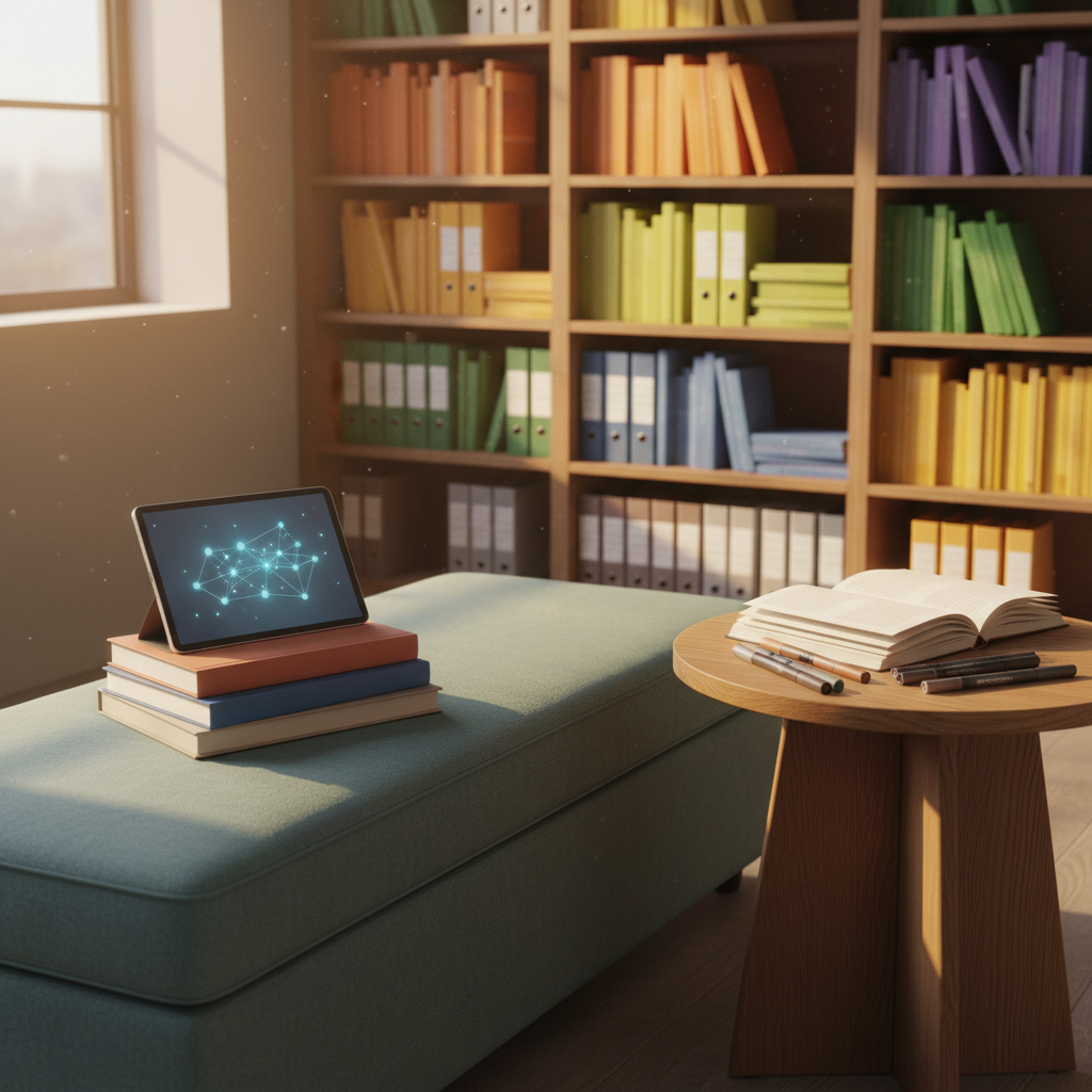 A cozy reading and brainstorming nook in a creative studio, photographed at eye level with a centered composition. A low, upholstered bench in muted teal holds a small stack of thoughtfully designed books and a lightweight tablet resting on top, its screen glowing with an abstract constellation of ideas. Beside the bench, a round wooden side table supports a cloth-bound journal and a set of fine-tip markers. Behind, tall bookshelves display colorful spines and box sets of learning resources, all without legible text. Late-afternoon golden light filters in from a side window, casting warm highlights along the edges of the furniture and creating a gentle gradient of shadows. The mood is inviting and reflective, with photographic realism and a clean, professional aesthetic that encourages quiet curiosity and deep learning.