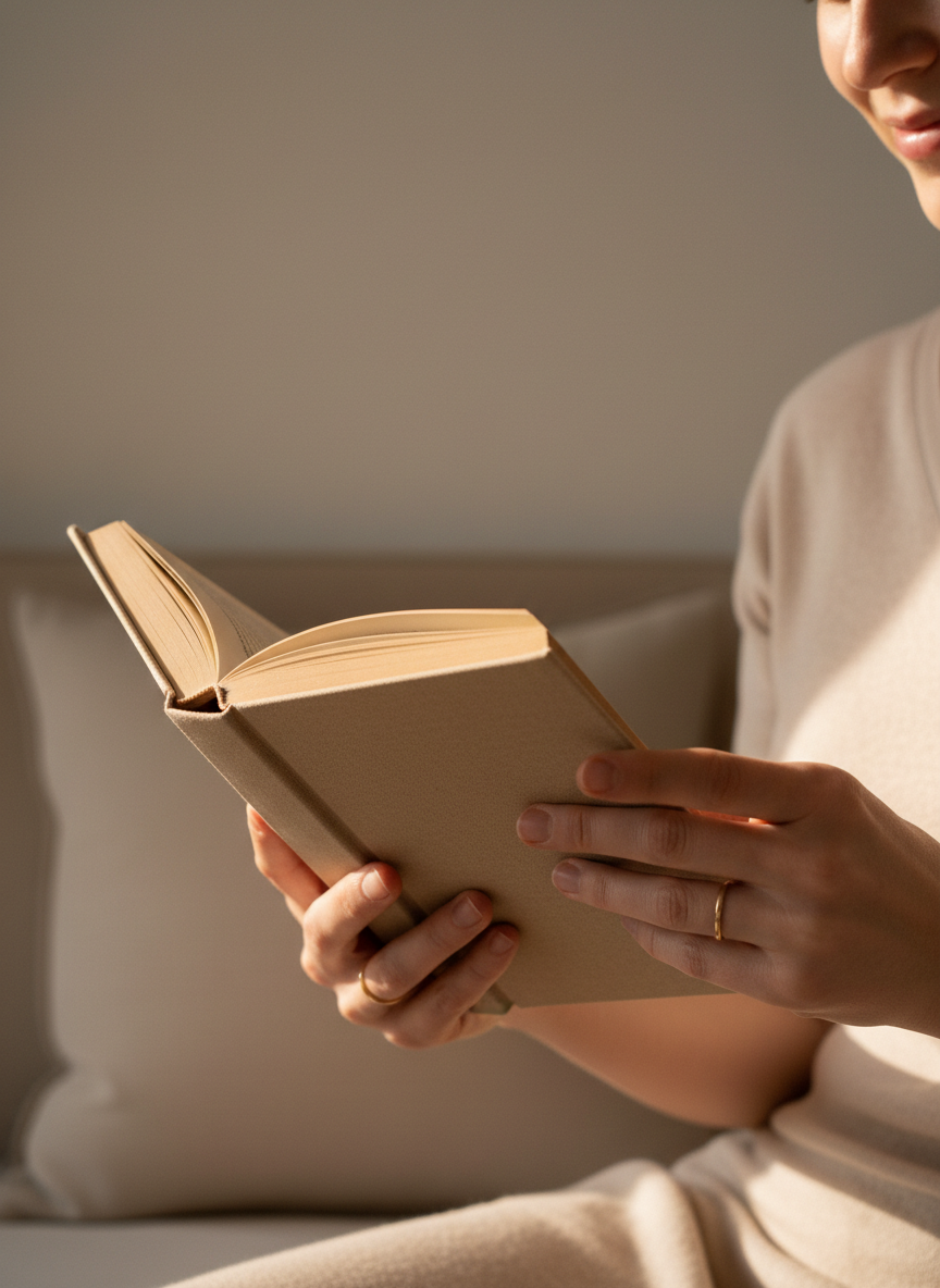 A serene close-up of hands gently holding a book while reading in soft warm light, cozy neutral tones, conveying the calm joy of reading.
