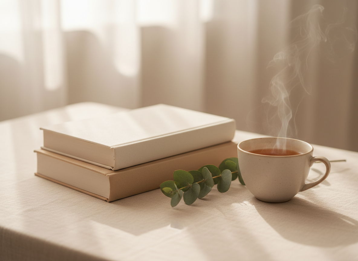 A calm still life of hardcover books on cream linen beside eucalyptus and a cup of tea in soft window light