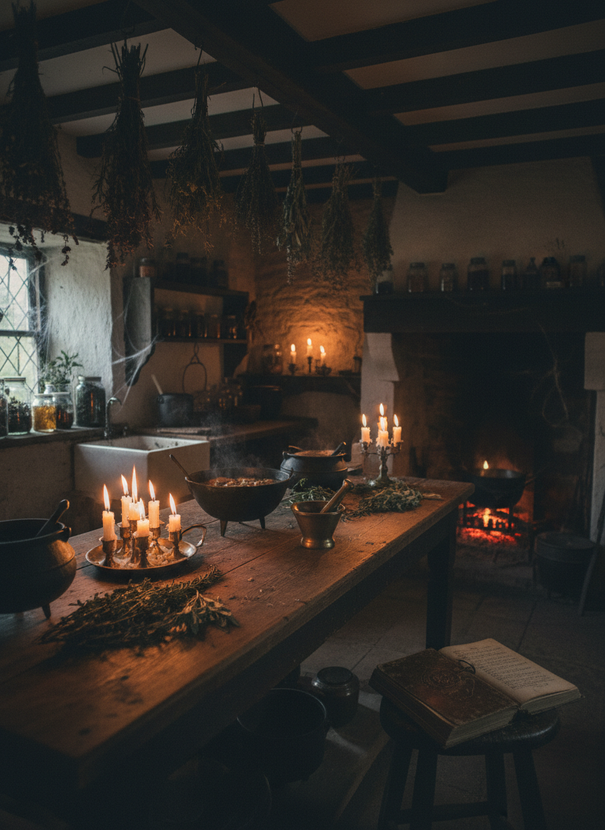 Moody dark cottage kitchen with rustic wooden counter and herbs in candlelight