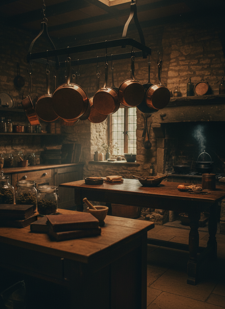 Moody dark cottage kitchen with hanging copper pots in warm dim light
