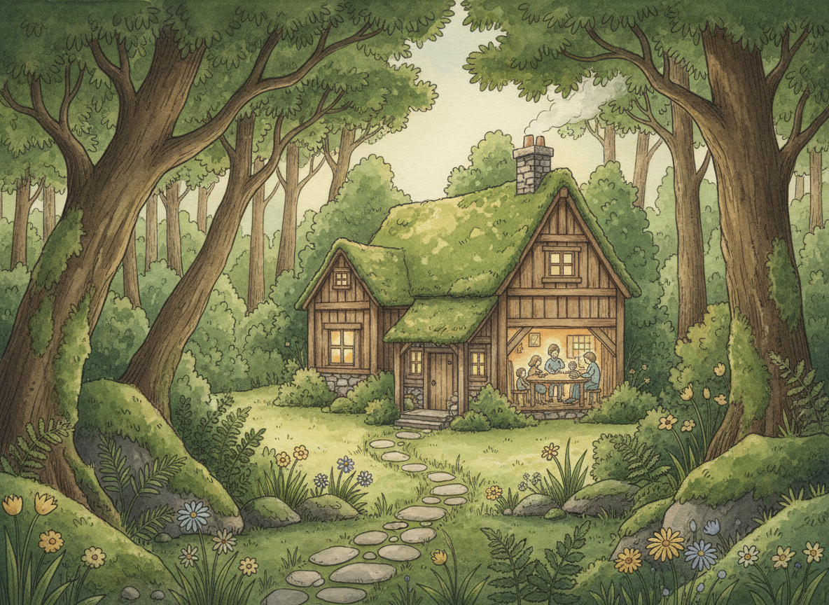 Warm watercolor storybook illustration of a cozy family home nestled in a lush green forest at soft morning light.