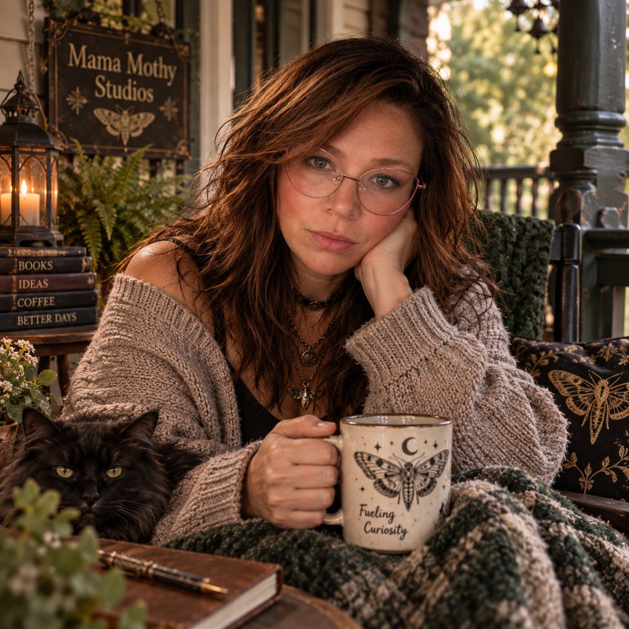Mama Mothy on her porch with her black cat, holding a Fueling Curiosity moth mug.
