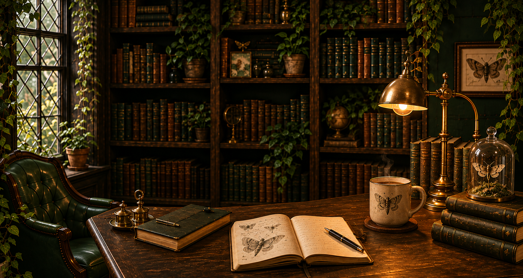 A warm, dark library and studio scene with rich wooden shelves and soft ambient lighting.