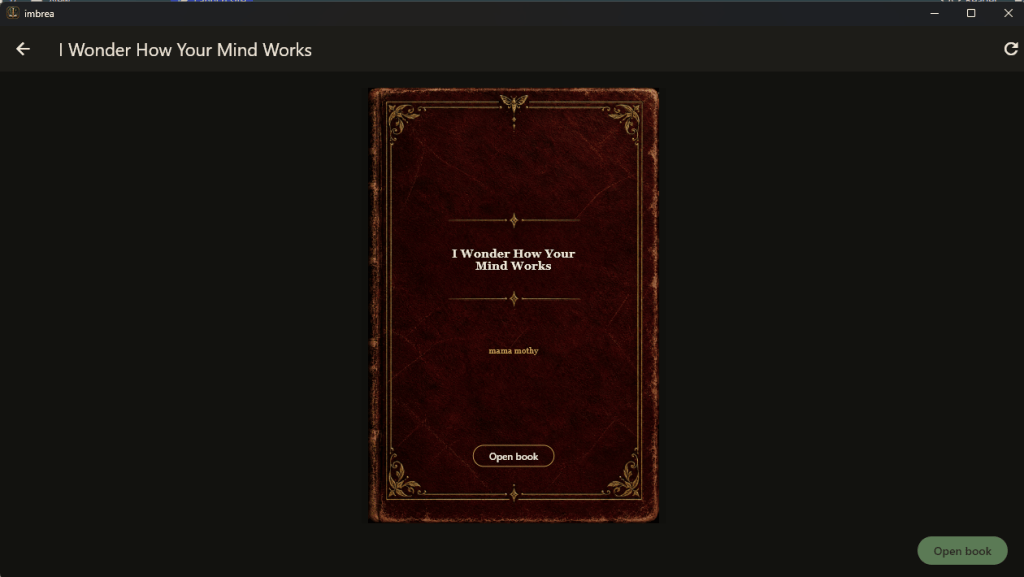 Imbrea app showing a manuscript as a book cover with rich leather binding and gold detail.